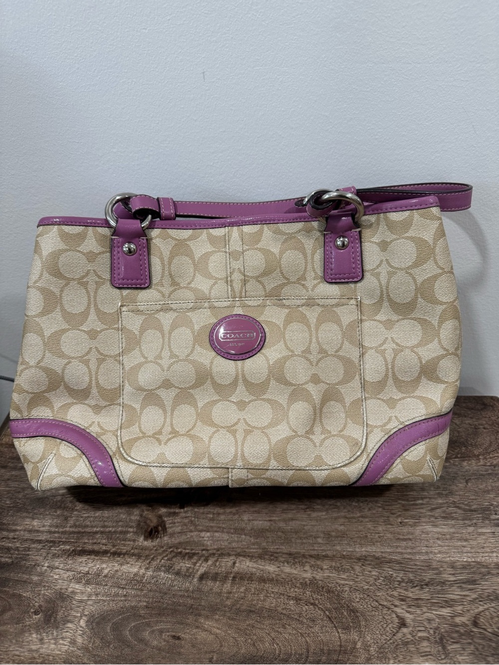 Coach Beige Signature Canvas Tote with Pink Trim